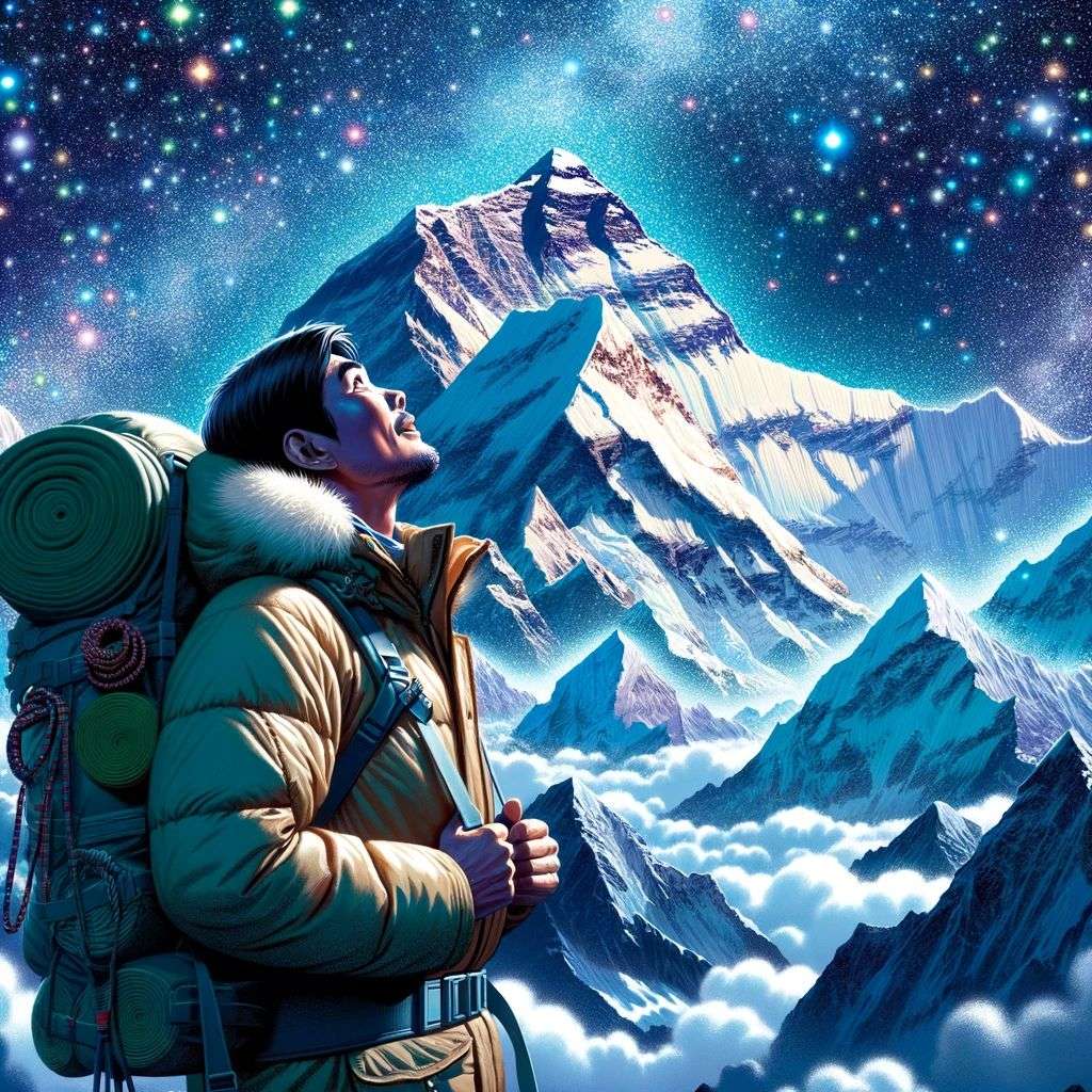 someone gazing at Mount Everest, a hologram projection
